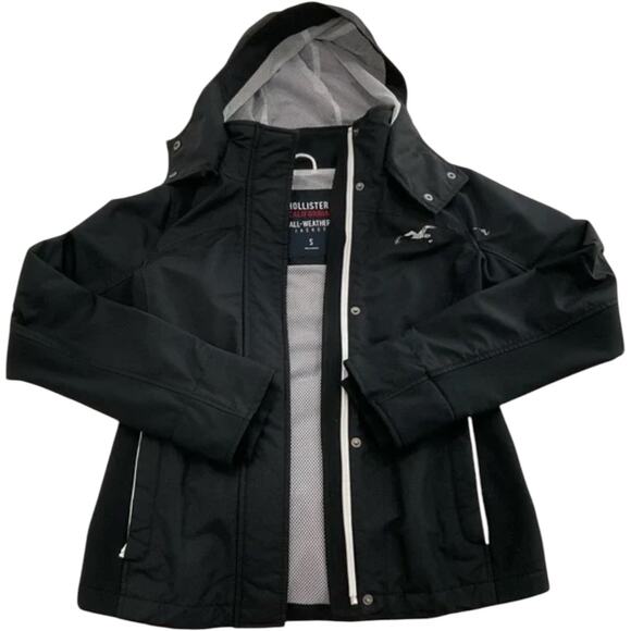 NWOT Hollister Womens All-weather Hooded Jacket Black pockets fitted Waste S / 4 - Picture 1 of 5